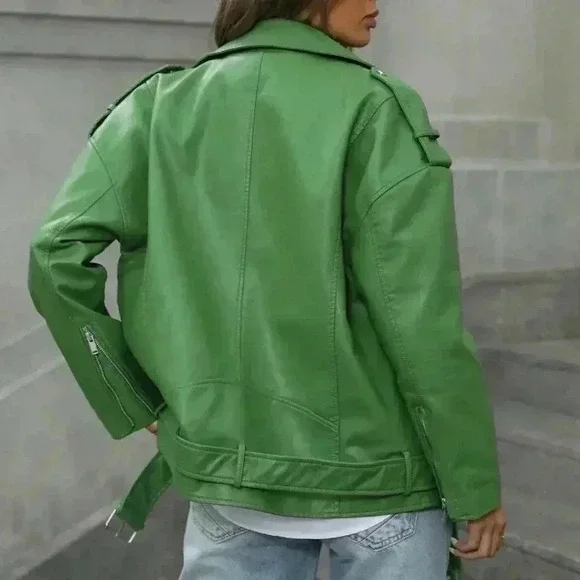 Green Casual Women's Stylish Woven Fabric Biker Jacket - Picture 6 of 7